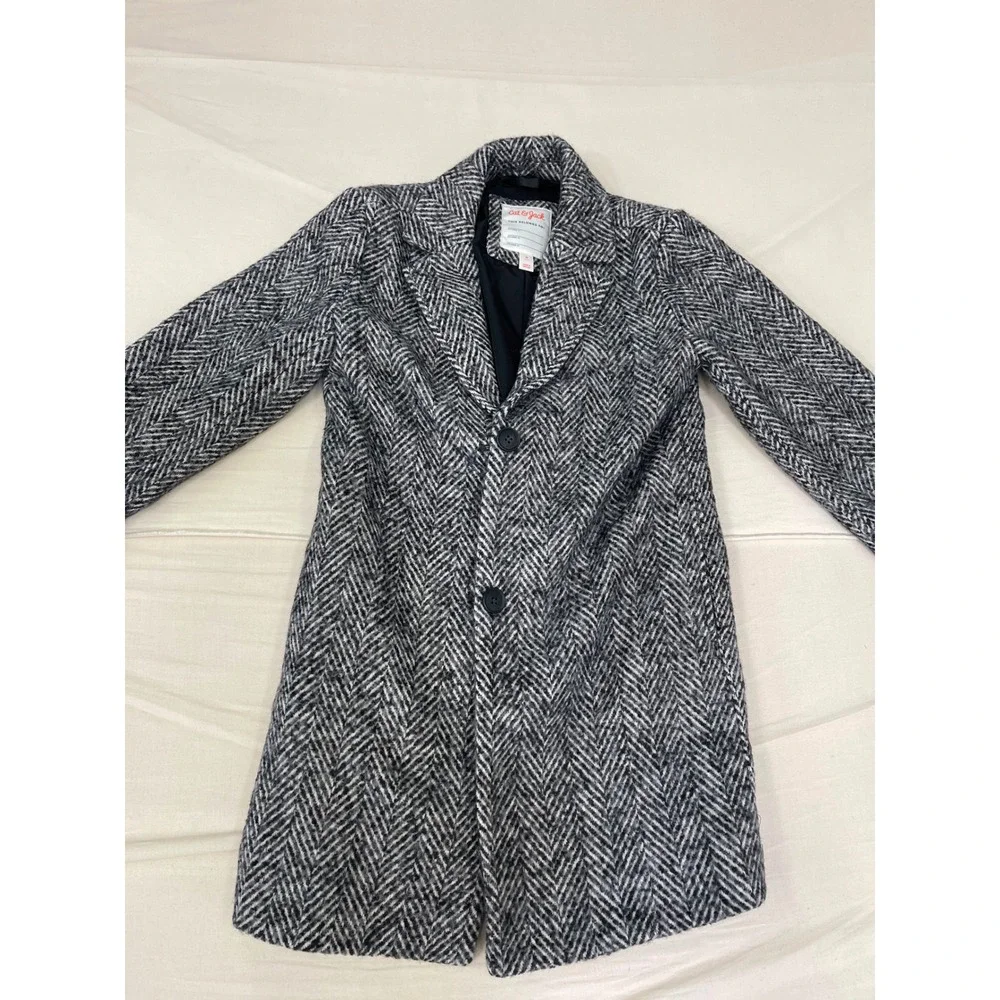 Cat & Jack Kids Herringbone Overcoat Black White Chevron Pea Coat Size M 8-10